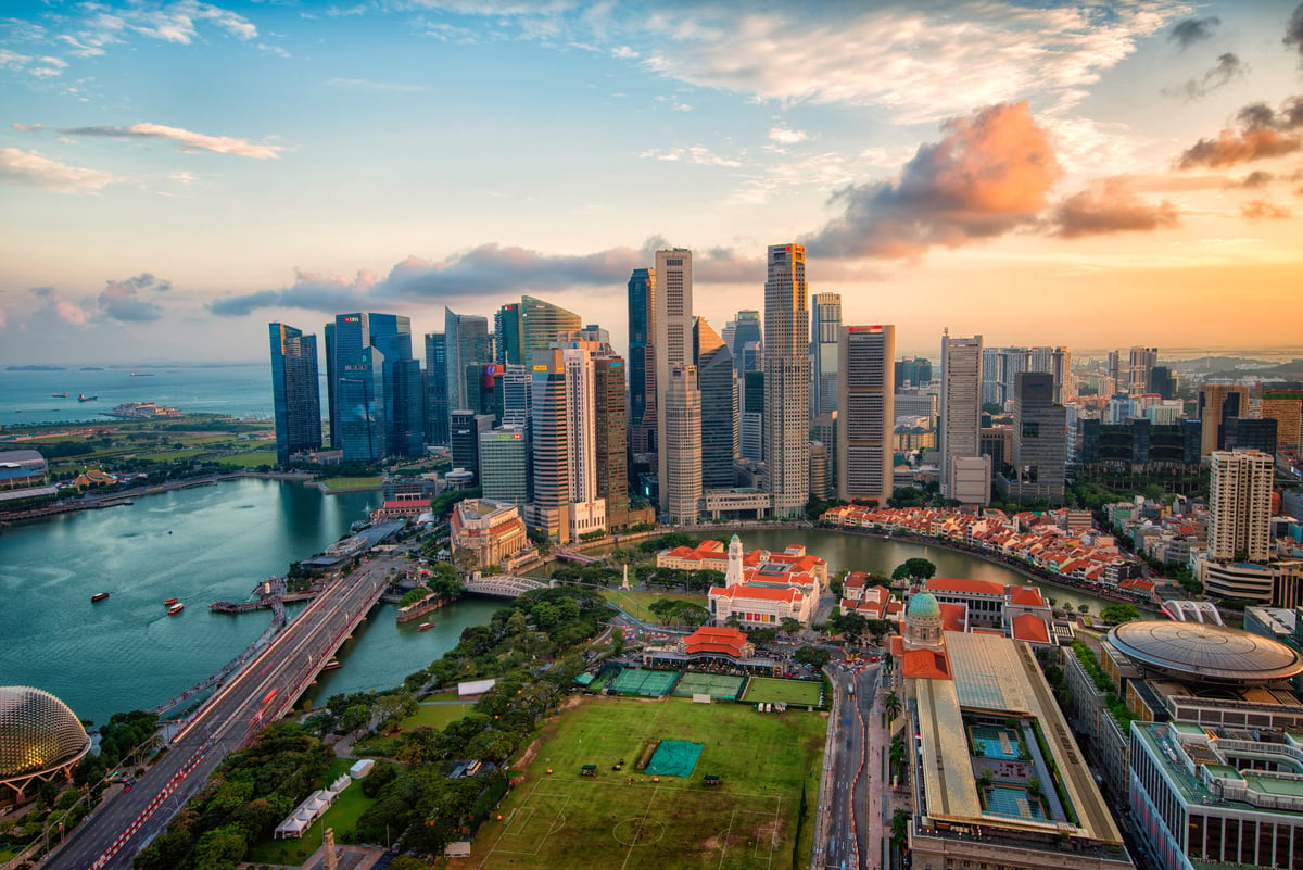 Aerial view of Singapore business district and city at twilight in Singapore, Asia